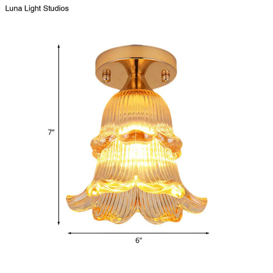 Amber Crystal Flower Corridor Ceiling Light With Gold Finish Flush Mount Single Bulb