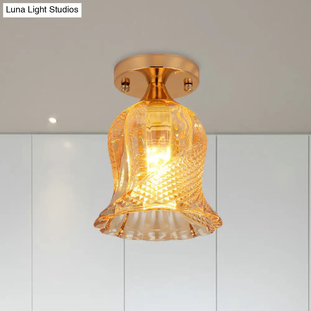Amber Crystal Flower Corridor Ceiling Light With Gold Finish Flush Mount Single Bulb