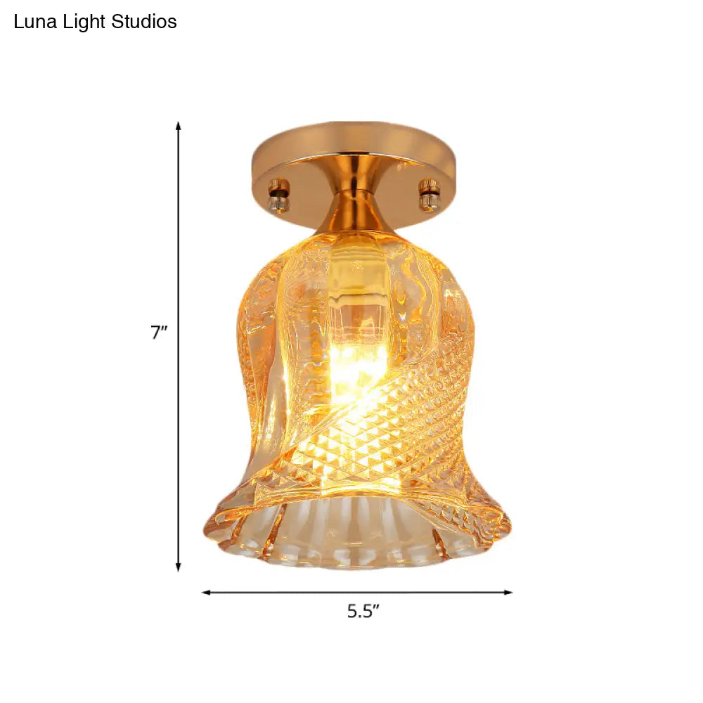 Amber Crystal Flower Corridor Ceiling Light With Gold Finish Flush Mount Single Bulb