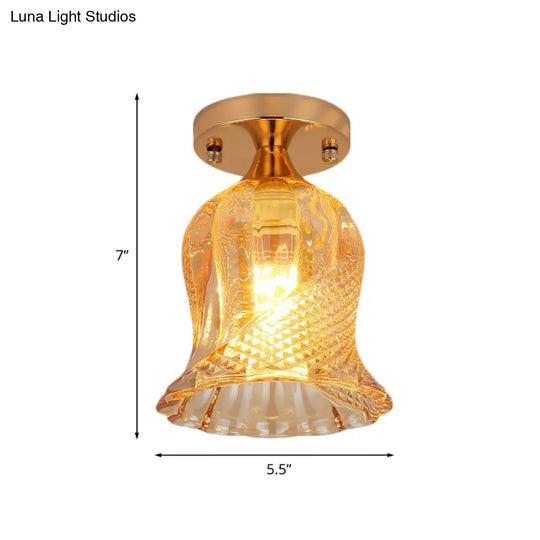 Amber Crystal Flower Corridor Ceiling Light With Gold Finish Flush Mount Single Bulb