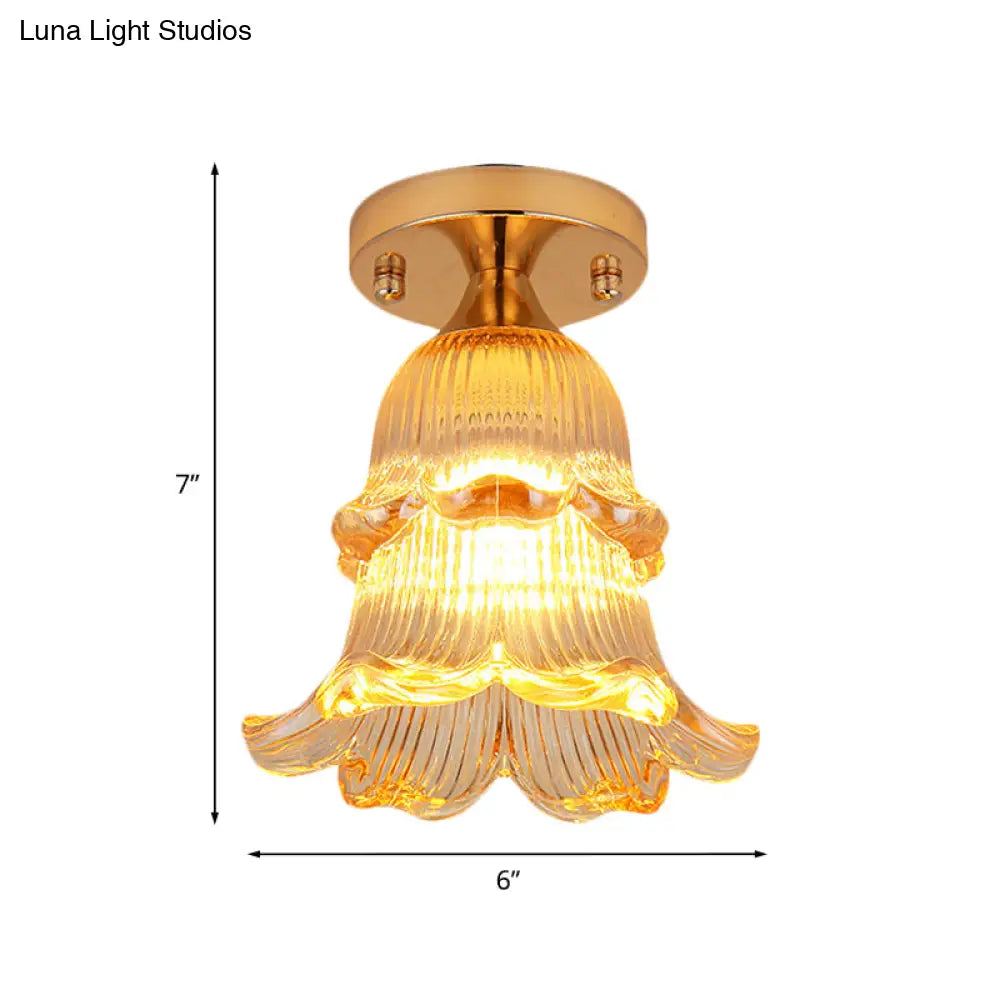 Amber Crystal Flower Corridor Ceiling Light With Gold Finish Flush Mount Single Bulb