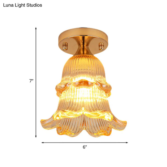 Amber Crystal Flower Corridor Ceiling Light With Gold Finish Flush Mount Single Bulb