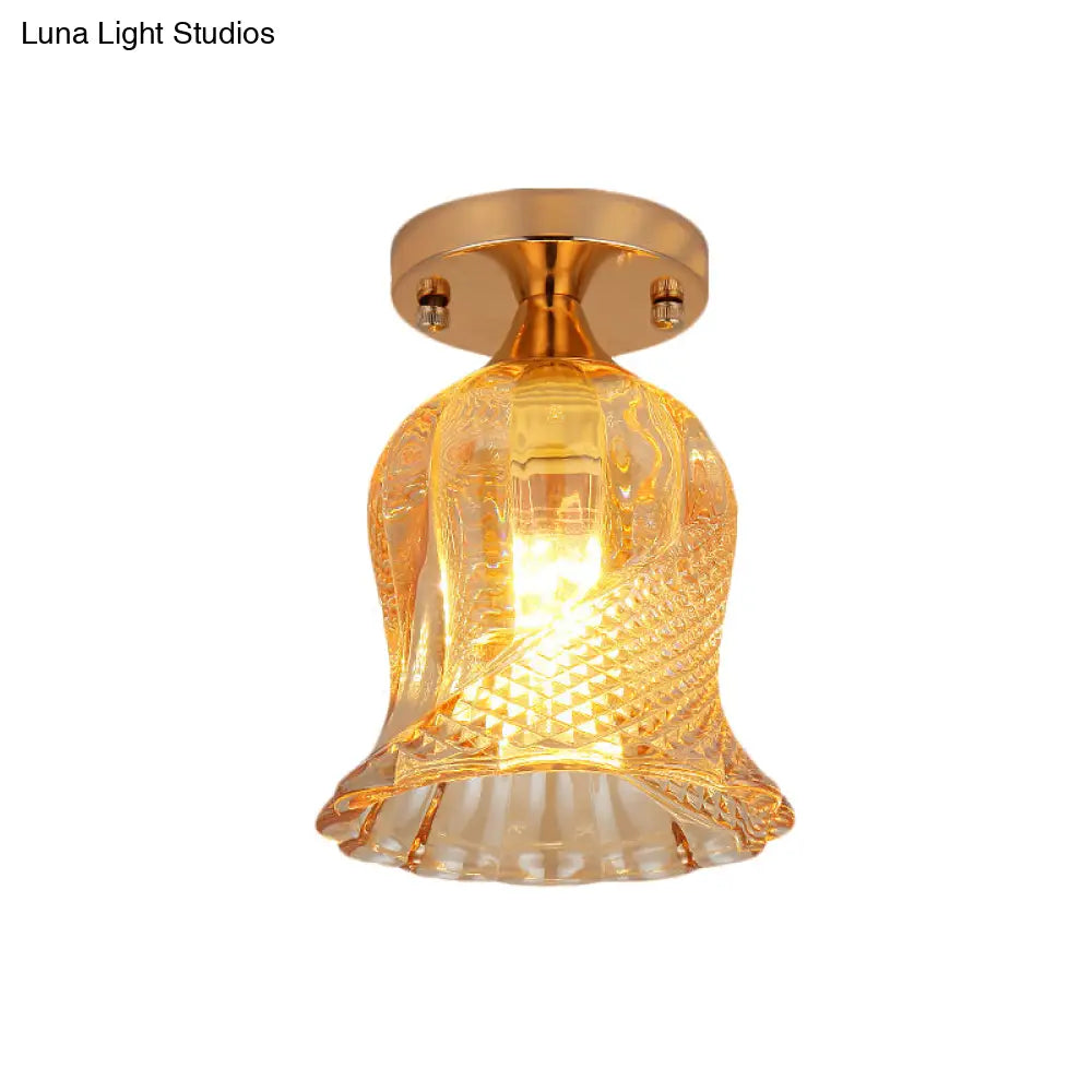 Amber Crystal Flower Corridor Ceiling Light With Gold Finish Flush Mount Single Bulb