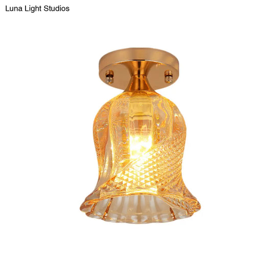 Amber Crystal Flower Corridor Ceiling Light With Gold Finish Flush Mount Single Bulb