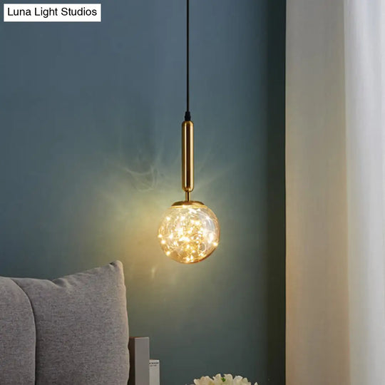 Amber Glass Ball Pendulum Light - Nordic Style Led Pendant With Starry String 1 Head