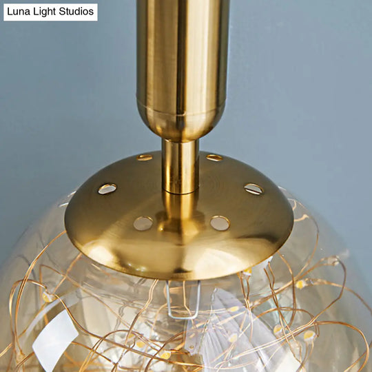 Amber Glass Ball Pendulum Light - Nordic Style Led Pendant With Starry String 1 Head