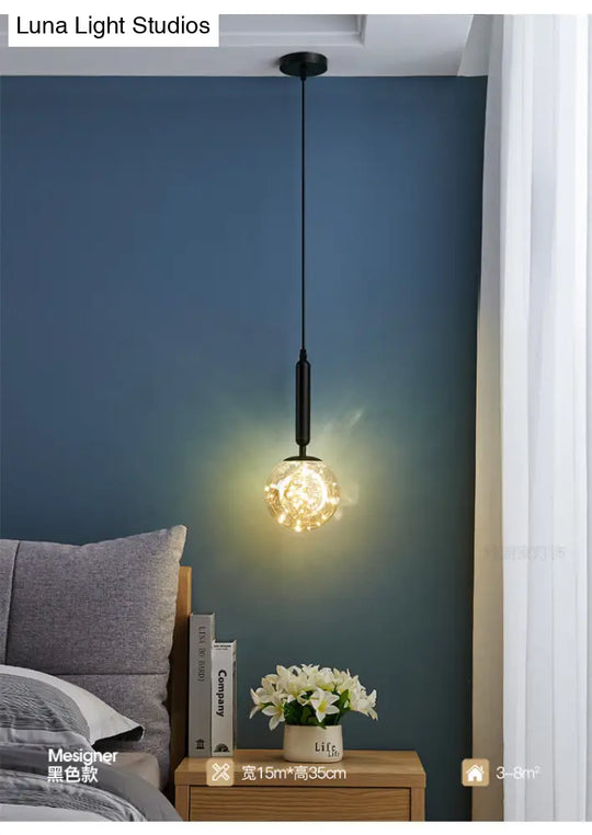 Amber Glass Ball Pendulum Light - Nordic Style Led Pendant With Starry String 1 Head