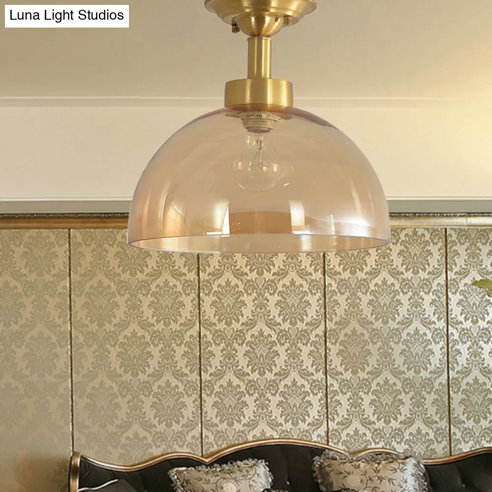Amber Glass Dome Ceiling Light Fixture In Brass - Industrial Semi Flush For Living Room
