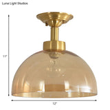Amber Glass Dome Ceiling Light Fixture In Brass - Industrial Semi Flush For Living Room