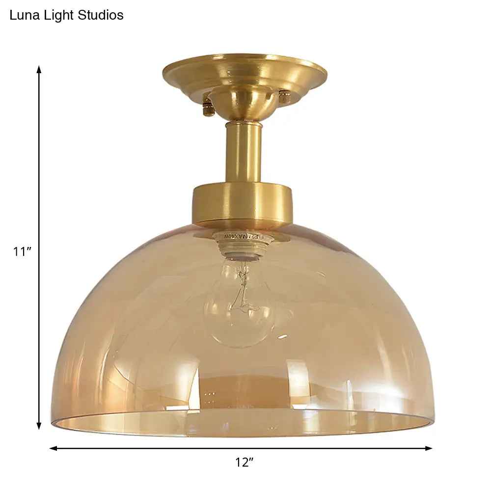 Amber Glass Dome Ceiling Light Fixture In Brass - Industrial Semi Flush For Living Room
