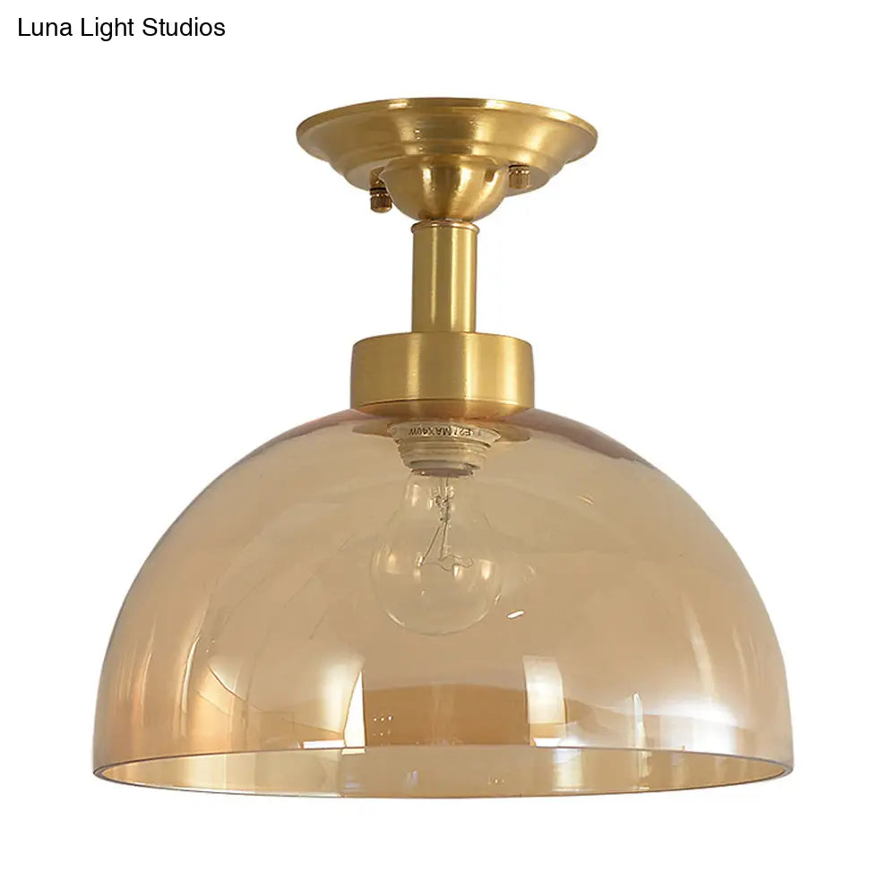 Amber Glass Dome Ceiling Light Fixture In Brass - Industrial Semi Flush For Living Room