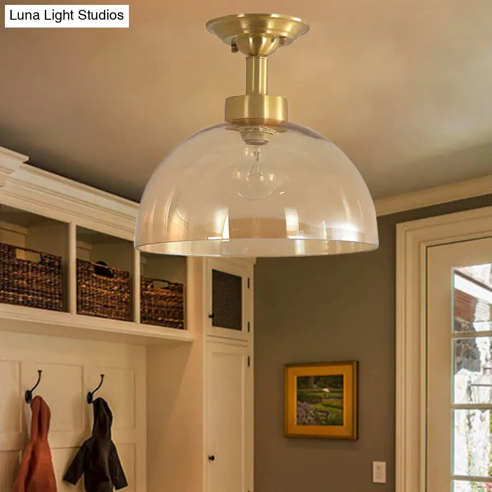Amber Glass Dome Ceiling Light Fixture In Brass - Industrial Semi Flush For Living Room