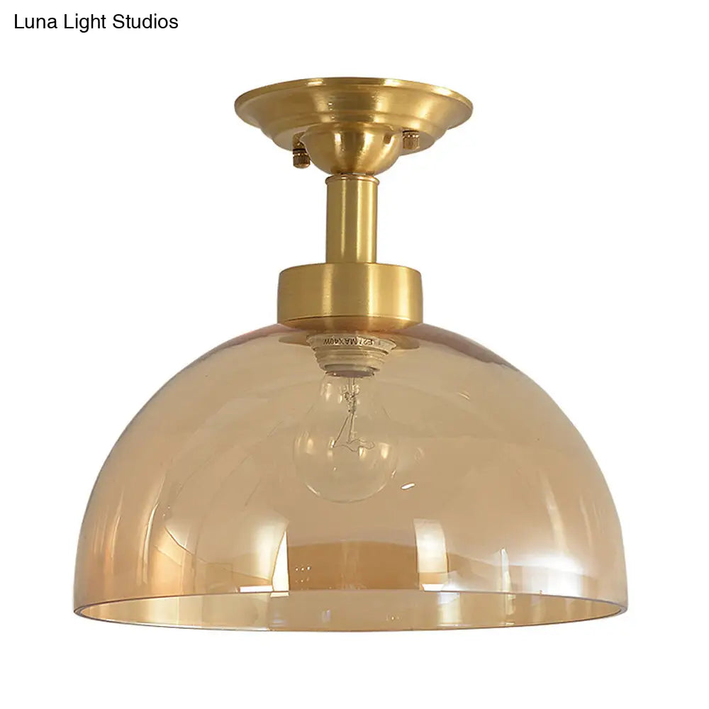 Amber Glass Dome Ceiling Light Fixture In Brass - Industrial Semi Flush For Living Room