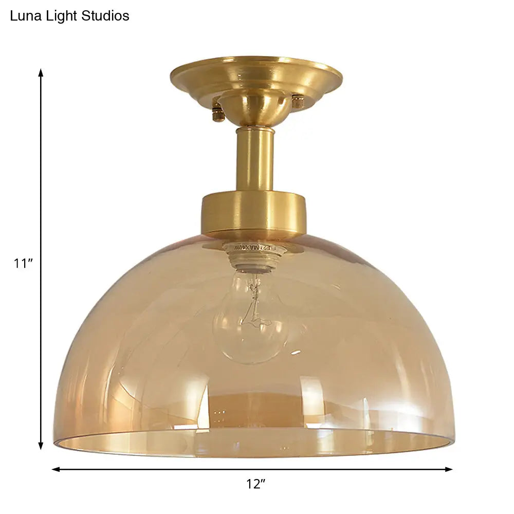 Amber Glass Dome Ceiling Light Fixture In Brass - Industrial Semi Flush For Living Room