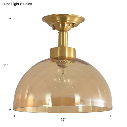 Amber Glass Dome Ceiling Light Fixture In Brass - Industrial Semi Flush For Living Room