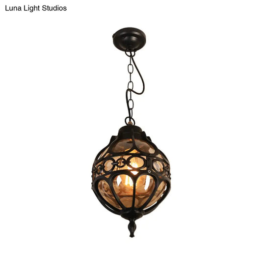 Amber Glass Loft Sphere Pendant Light - Outdoor Hanging For Balcony (7/9 W) In Black/Bronze