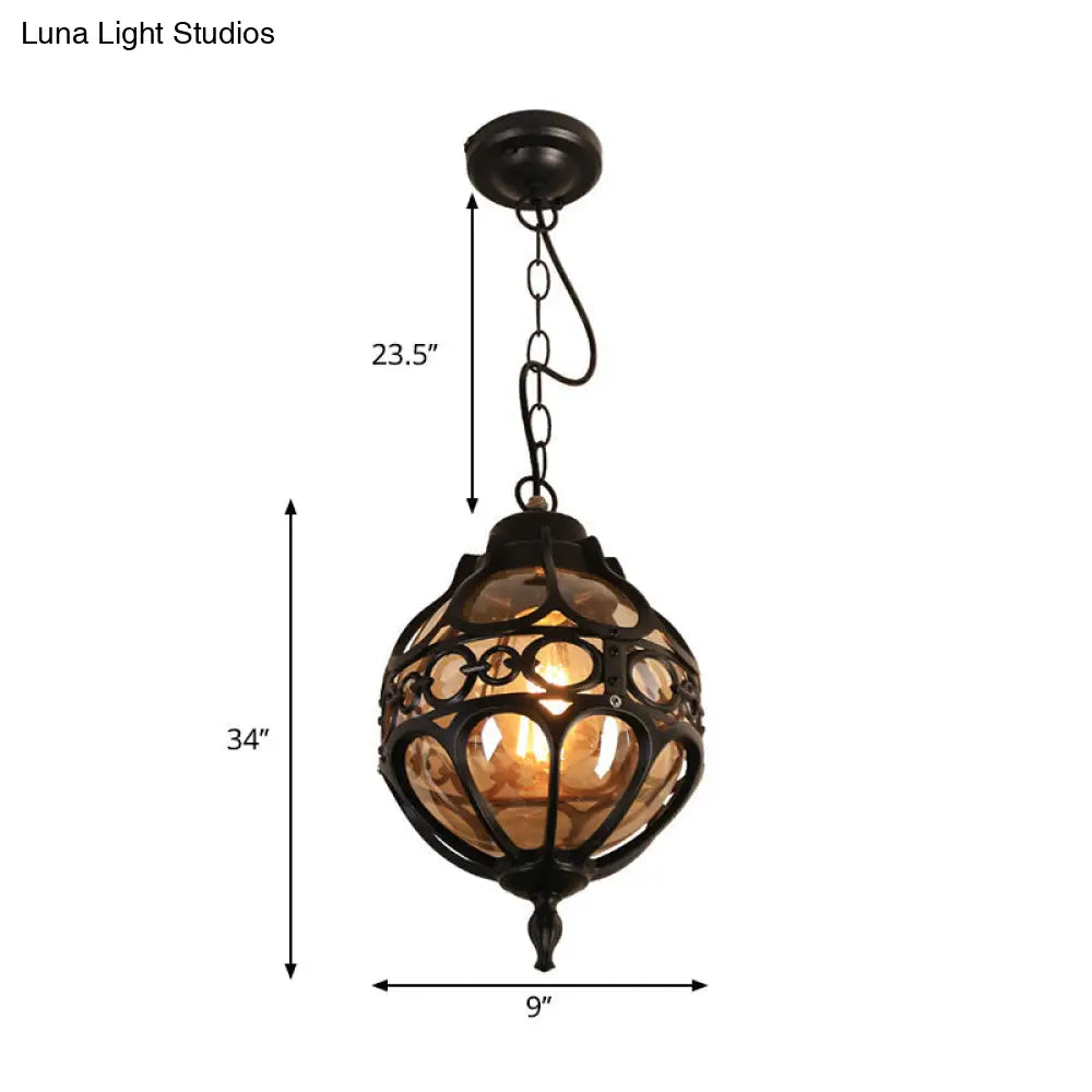 Amber Glass Loft Sphere Pendant Light - Outdoor Hanging For Balcony (7/9 W) In Black/Bronze