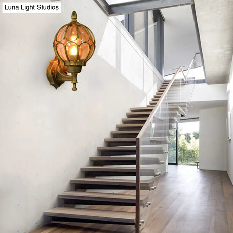 Amber Glass Industrial Wall Sconce Lamp - Globe Living Room Fixture In Black/Gold/Bronze 3 Sizes