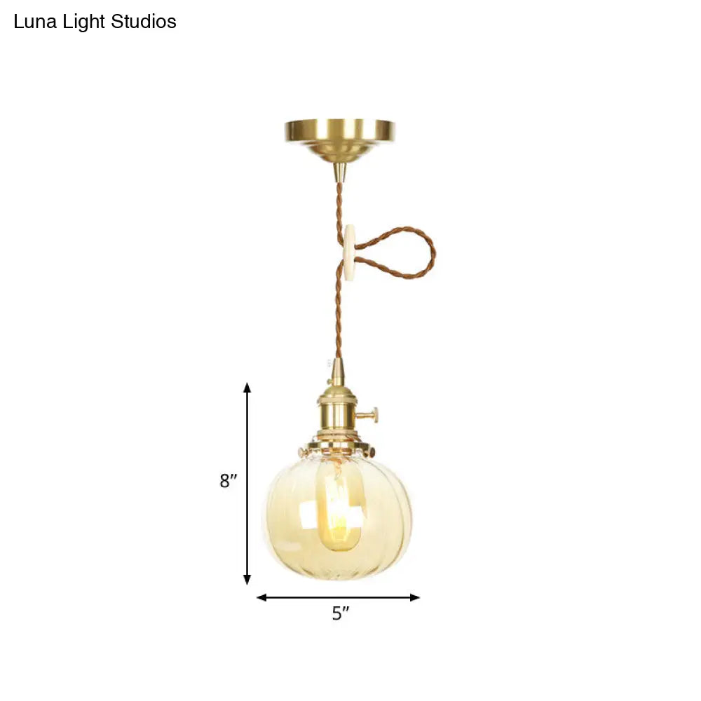 Amber Glass Retro Vintage Pendant Lamp - Melon Shape Dining Room Décor
