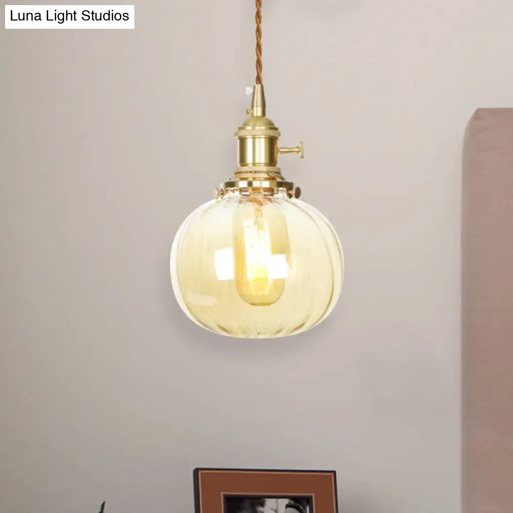 Amber Glass Retro Vintage Pendant Lamp - Melon Shape Dining Room Décor