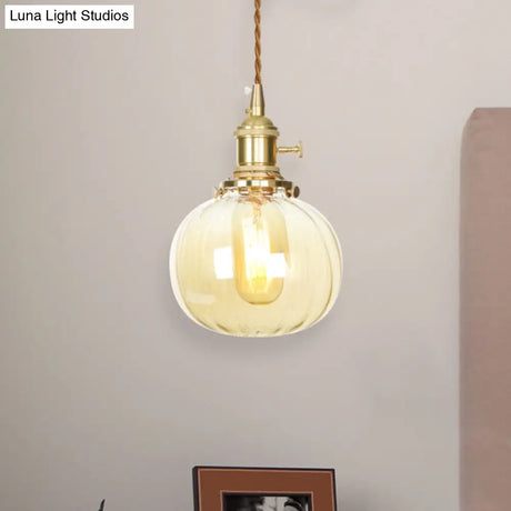Amber Glass Retro Vintage Pendant Lamp - Melon Shape Dining Room Décor