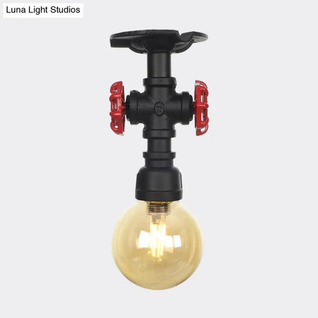 Amber Glass Semi Flush Industrial Ceiling Lamp - Global Black Finish