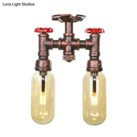 Amber Glass Semi Flush Industrial Dining Room Light Fixture In Weathered Copper - Capsule Shade 2 -