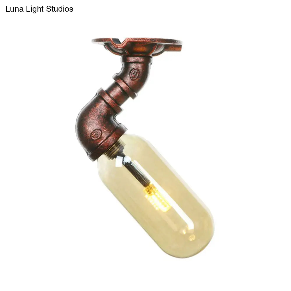 Amber Glass Semi Flush Oval Shade Light Fixture In Weathered Copper With Industrial Pipe Design For