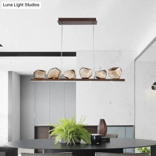 Amber Glass Stone Pendant Lamp - Minimalist 6-Bulb Island Fixture In Brown
