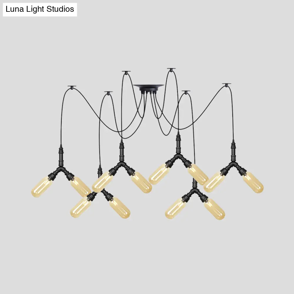 Amber Glass Swag Led Ceiling Lamp - Industrial Capsule Multi Hanging Light (4/6/12-Head) In Black