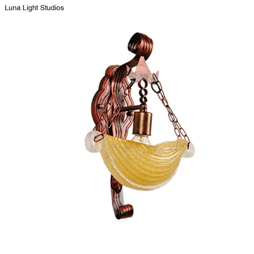 Amber Glass Vintage Sconce Light - Bowl Shaped Weathered Copper Wall Lamp For Bedroom