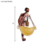 Amber Glass Vintage Sconce Light - Bowl Shaped Weathered Copper Wall Lamp For Bedroom