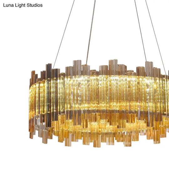 Amber Led Drum Crystal Chandelier Pendant Light For Minimalist Living Room
