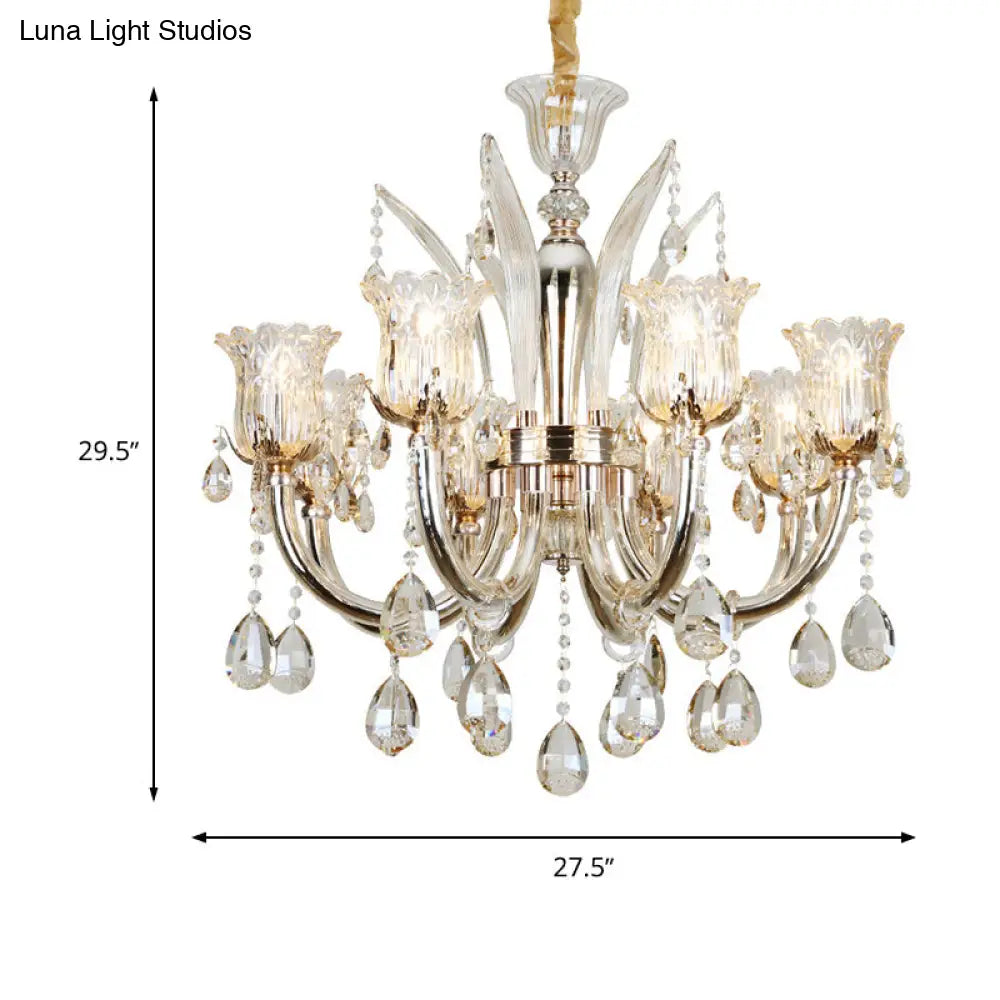 Modern Amber Chandelier Light With Floral Glass Shade - 6/8 Bulbs 23.5/27.5 W
