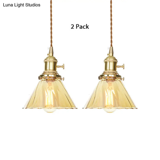 Amber Ruffle Glass Pendant Lamp - Retro Flared Style 1-Light Ceiling Hanging Light For Kitchen / 2