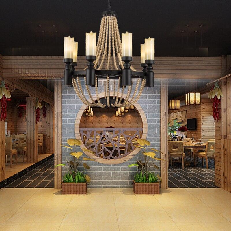 American Country Loft Vintage Big Wooden Beads Hang Pendant Lamp E27 E14 Led Lights Modern For