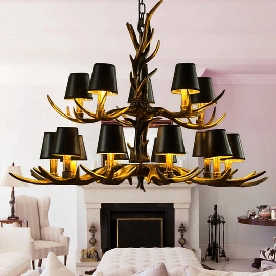 Lampe de lustre à 2 niveaux en bois de cerf de style rétro américain
