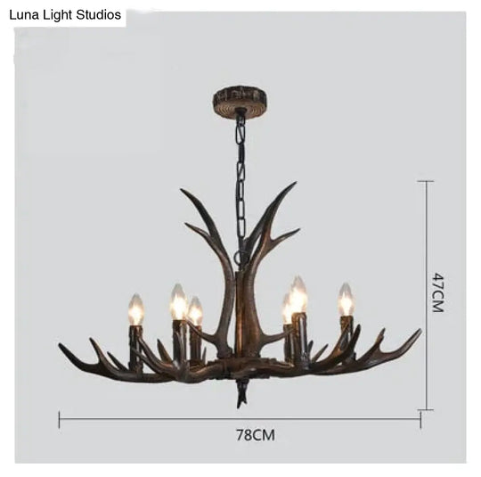 American Country Retro Style Antler 2 Tier Chandelier Lamp 6 Lights / Brushed Gold Black