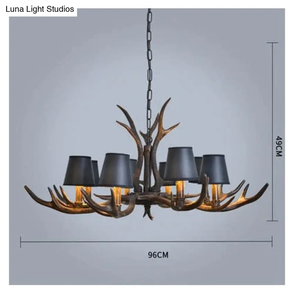 American Country Retro Style Antler 2 Tier Chandelier Lamp 8 Lights-Lampshade / Brushed Gold Black