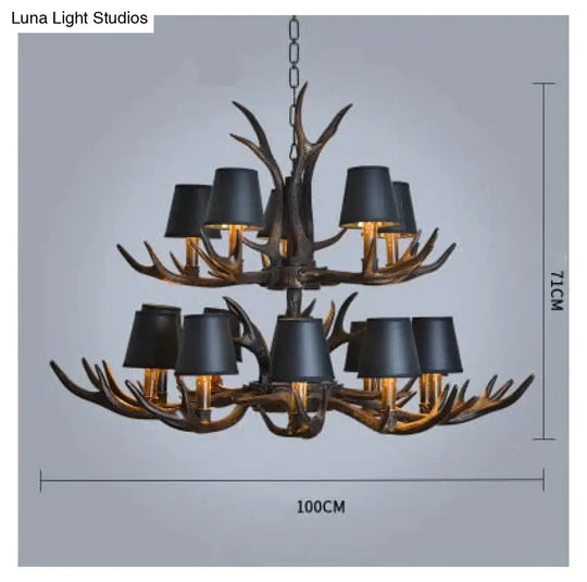 American Country Retro Style Antler 2 Tier Chandelier Lamp 15 Lights-Lampshade / Brushed Gold Black
