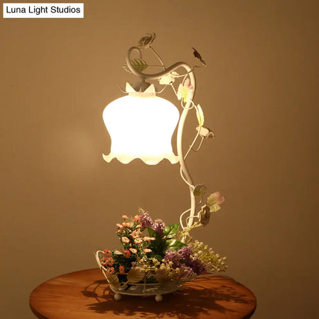American Flower Night Light Table Lamp With Ruffle Frosted White Glass Shade In White/Red - 1-Head