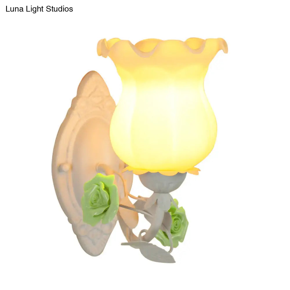 American Garden 1-Light Wall Sconce - Pink/Green/Blue Frosted White Glass Floral Design