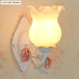 American Garden 1-Light Wall Sconce - Pink/Green/Blue Frosted White Glass Floral Design