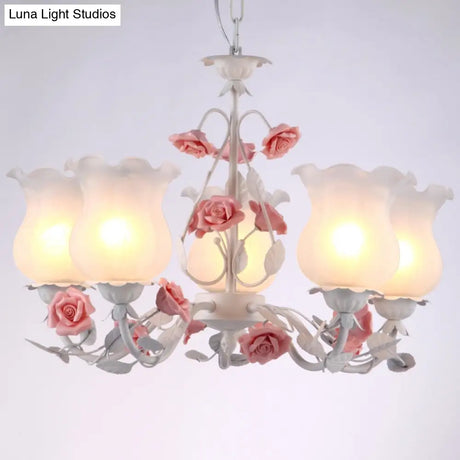 American Garden Flower Chandelier Light - 5-Light White Pendant Ceiling Fixture With Frosted Glass