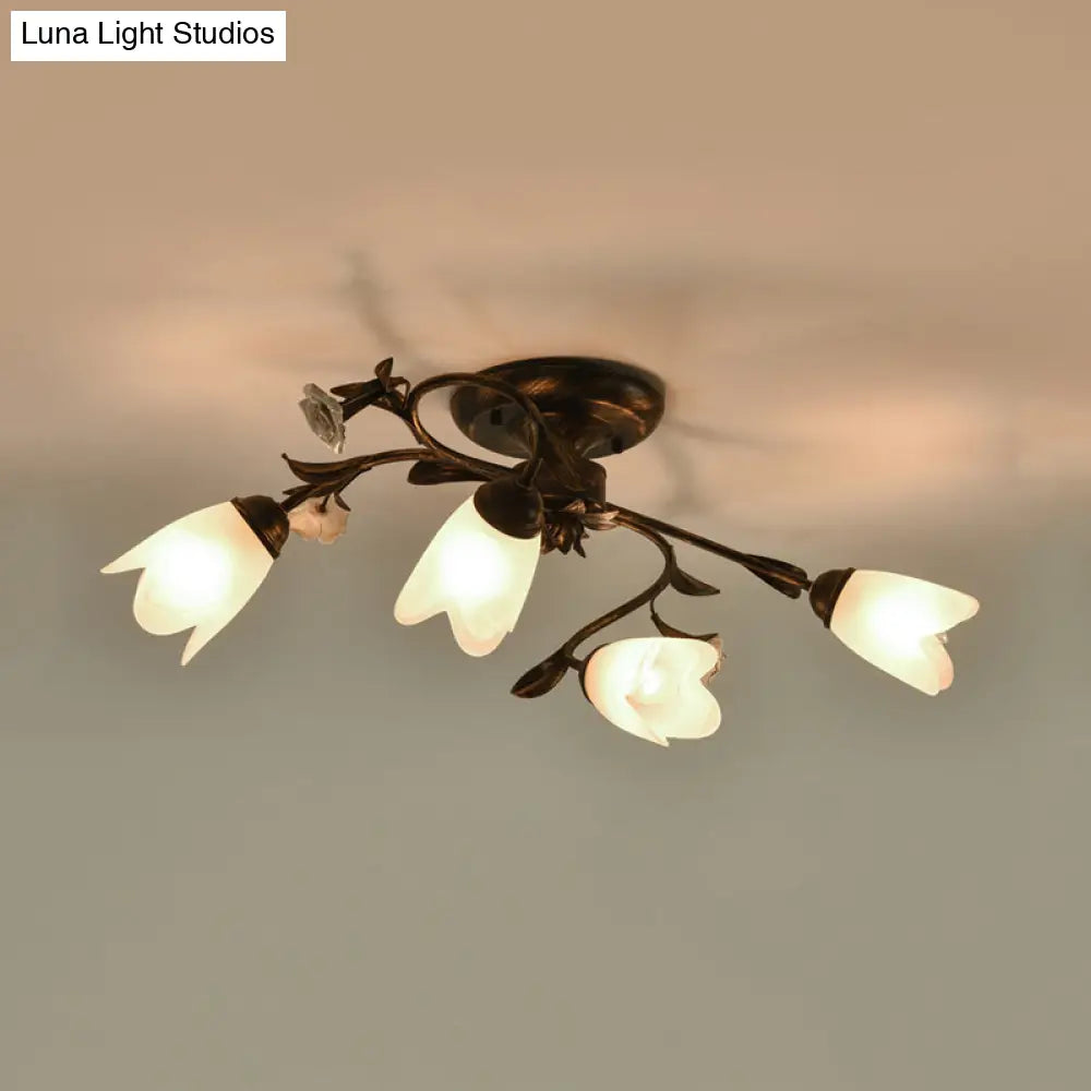 American Garden Flowers Ceilng Light - Cream Glass Semi Flush Mount Lighting In Bronze 4/6/8 Heads