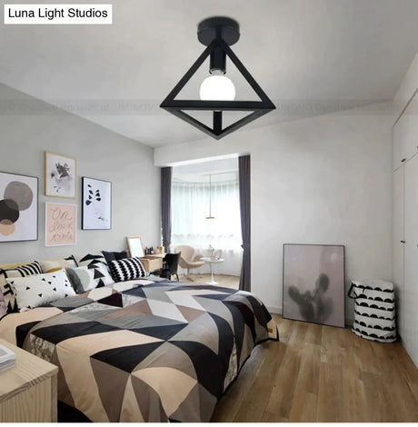 American Vintage Loft Led Ceiling Light Lamp Iron Cage Pyramid Corridor Entrance Balcony Bar
