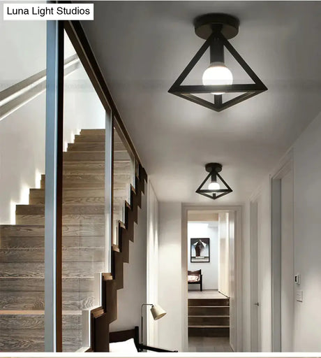 American Vintage Loft Led Ceiling Light Lamp Iron Cage Pyramid Corridor Entrance Balcony Bar