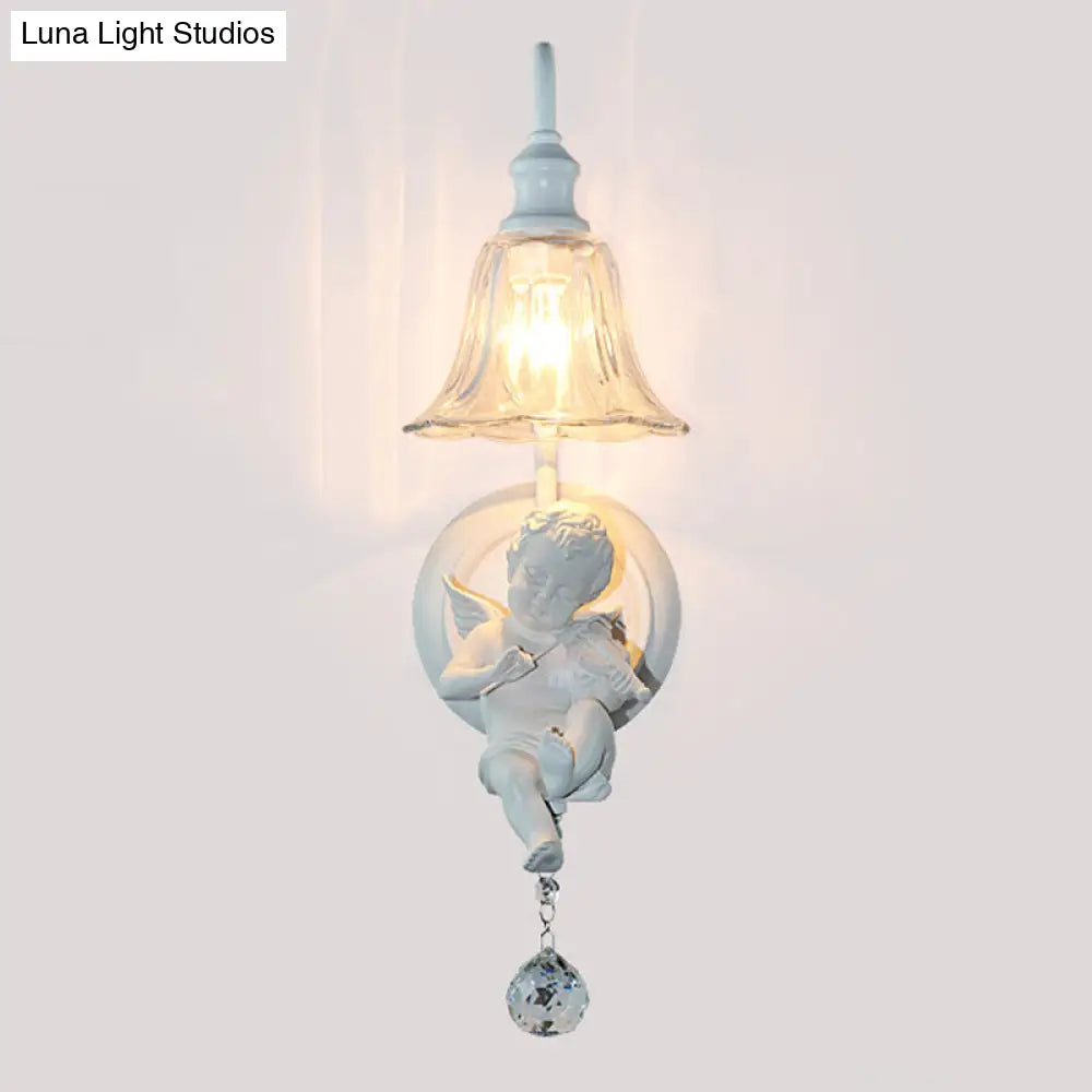 Angel Cream Wall Light Decorative 1-Head Resin Lamp - Flower Glass Shade & Crystal Orb