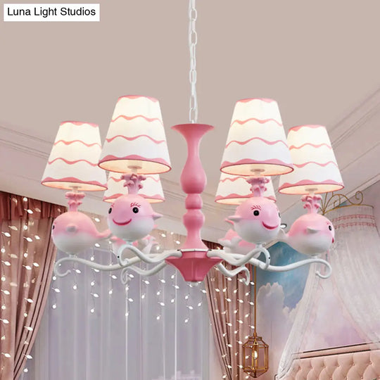 Animal Fabric Hanging Chandelier: Designer Tapered Shade Ceiling Lamp With 6 Lights For Bedroom