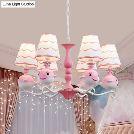Animal Fabric Hanging Chandelier: Designer Tapered Shade Ceiling Lamp With 6 Lights For Bedroom